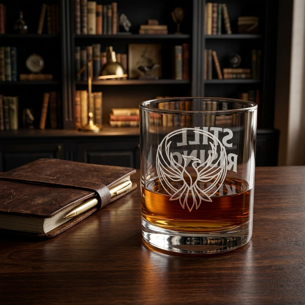 Still Rising Engraved 10.5 oz Rocks Glass | Rising Phoenix Emblem Whiskey Glass