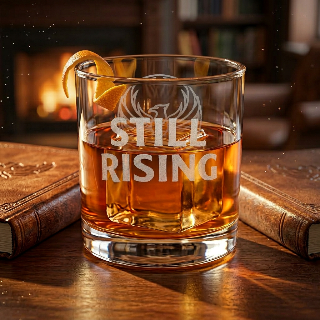 Still Rising Engraved 10.5 oz Rocks Glass | Rising Phoenix Emblem Whiskey Glass