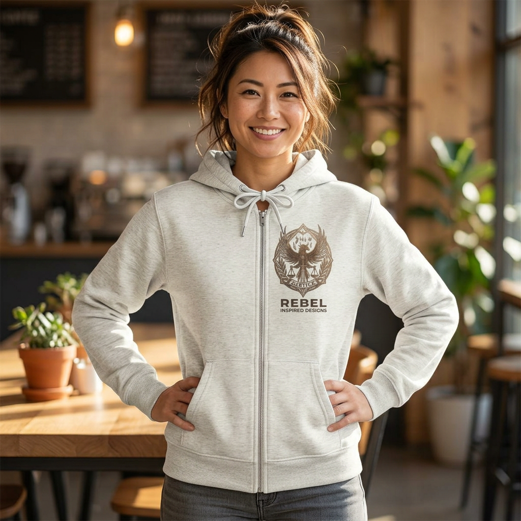 Rebel Inspired Bronze Phoenix Zip Hoodie — Vintage Book & Justice Graphic Zip-Up Sweatshirt