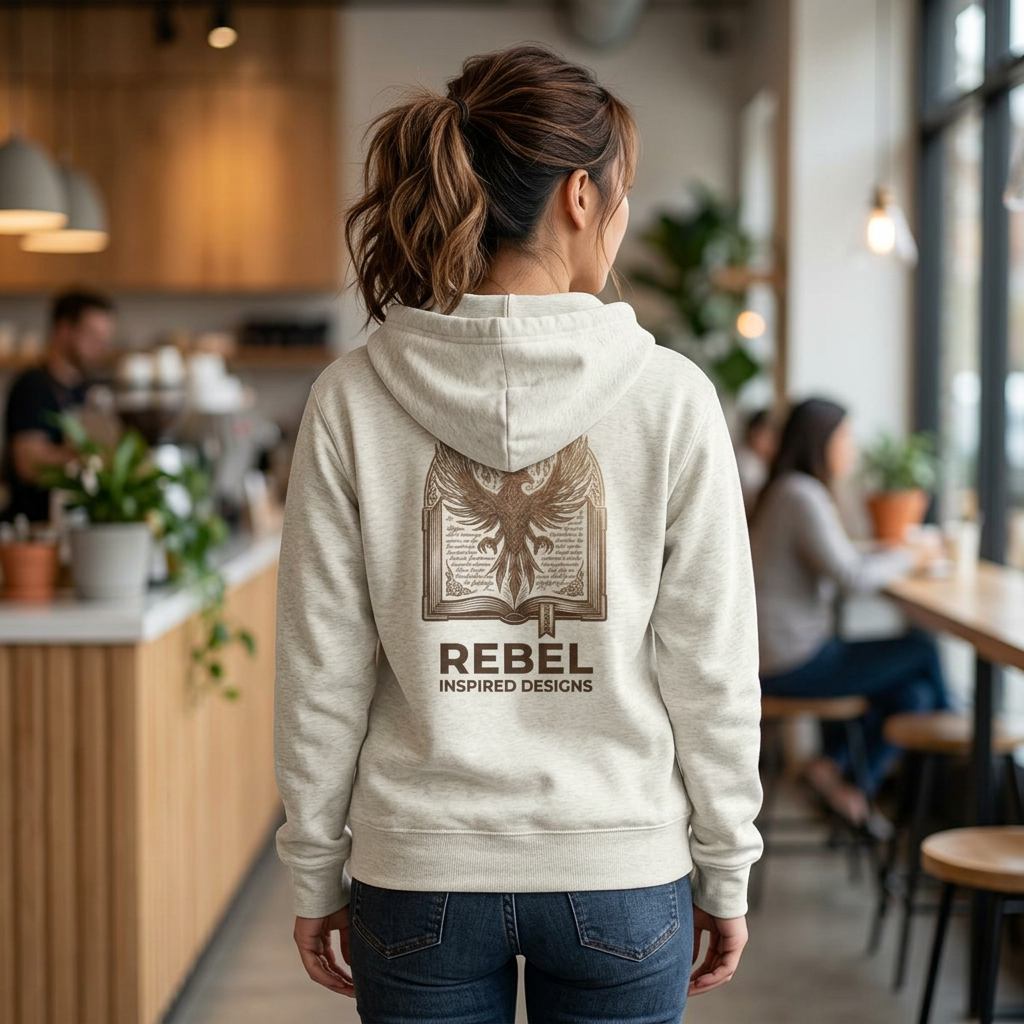 Rebel Inspired Bronze Phoenix Zip Hoodie — Vintage Book & Justice Graphic Zip-Up Sweatshirt