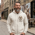 Rebel Inspired Bronze Phoenix Zip Hoodie — Vintage Book & Justice Graphic Zip-Up Sweatshirt