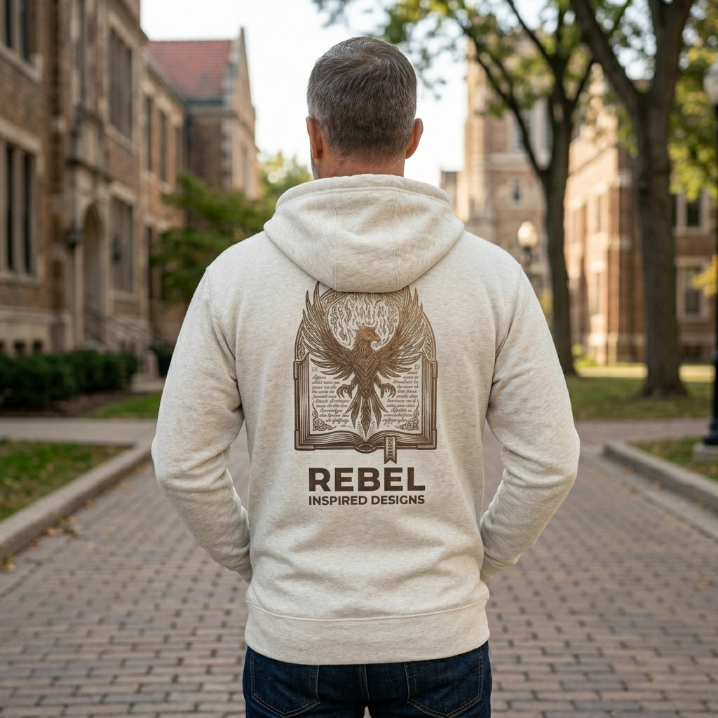 Rebel Inspired Bronze Phoenix Zip Hoodie — Vintage Book & Justice Graphic Zip-Up Sweatshirt