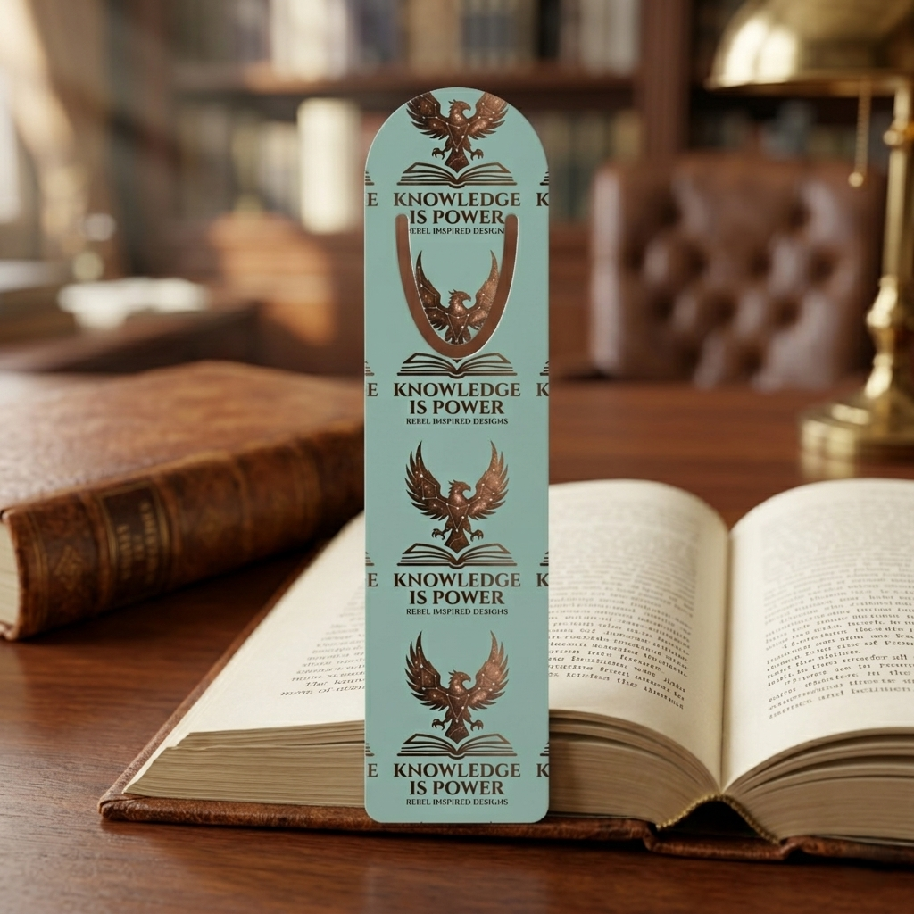 Knowledge is Power Metal Bookmark | Bronze Phoenix Rebel Inspired Logo Bookmark