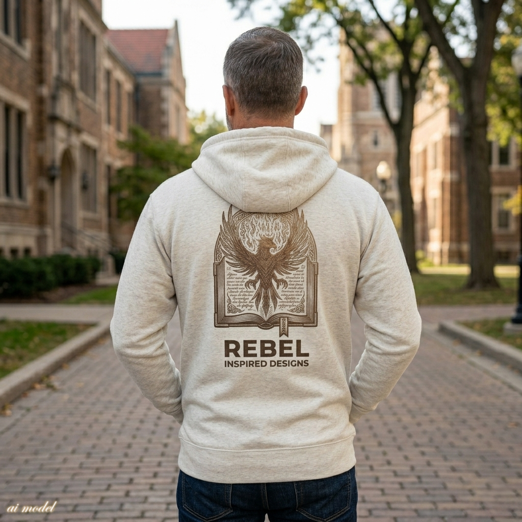 Rebel Inspired Bronze Phoenix Zip Hoodie — Vintage Book & Justice Graphic Zip-Up Sweatshirt
