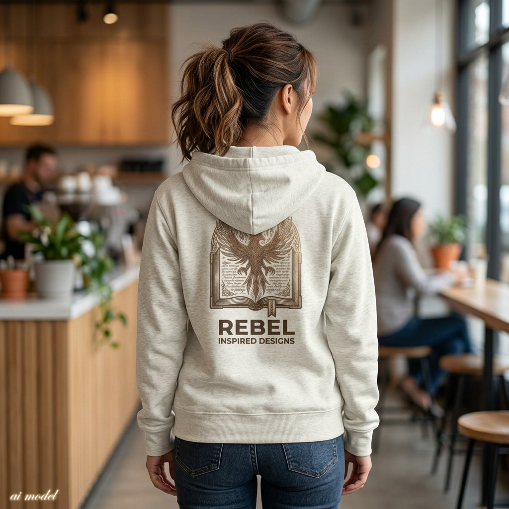 Rebel Inspired Bronze Phoenix Zip Hoodie — Vintage Book & Justice Graphic Zip-Up Sweatshirt