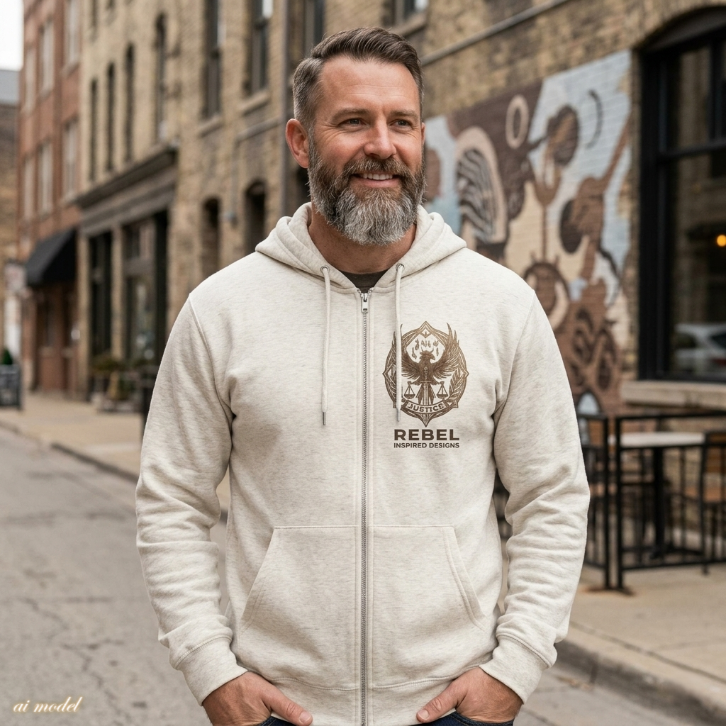 Rebel Inspired Bronze Phoenix Zip Hoodie — Vintage Book & Justice Graphic Zip-Up Sweatshirt