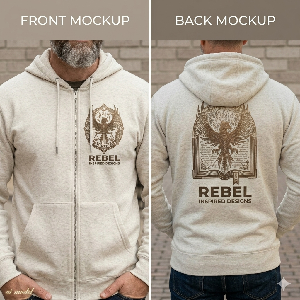 Rebel Inspired Bronze Phoenix Zip Hoodie — Vintage Book & Justice Graphic Zip-Up Sweatshirt