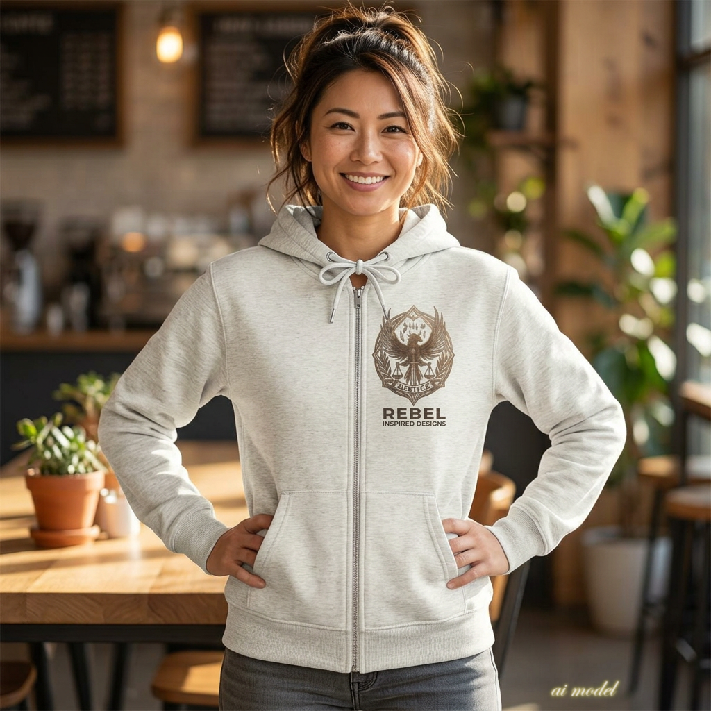 Rebel Inspired Bronze Phoenix Zip Hoodie — Vintage Book & Justice Graphic Zip-Up Sweatshirt