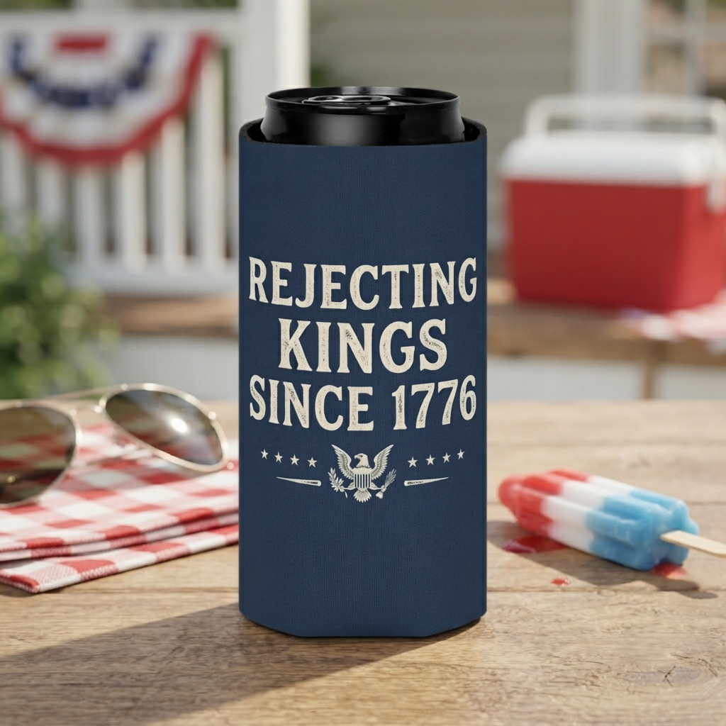 Rejecting Kings Since 1776 Can Cooler | Patriotic American Vintage Eagle Drink Sleeve