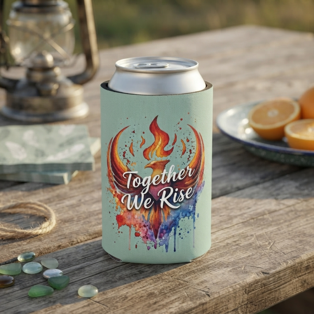 Together We Rise Phoenix Can Cooler | Watercolor Flame Drink Sleeve