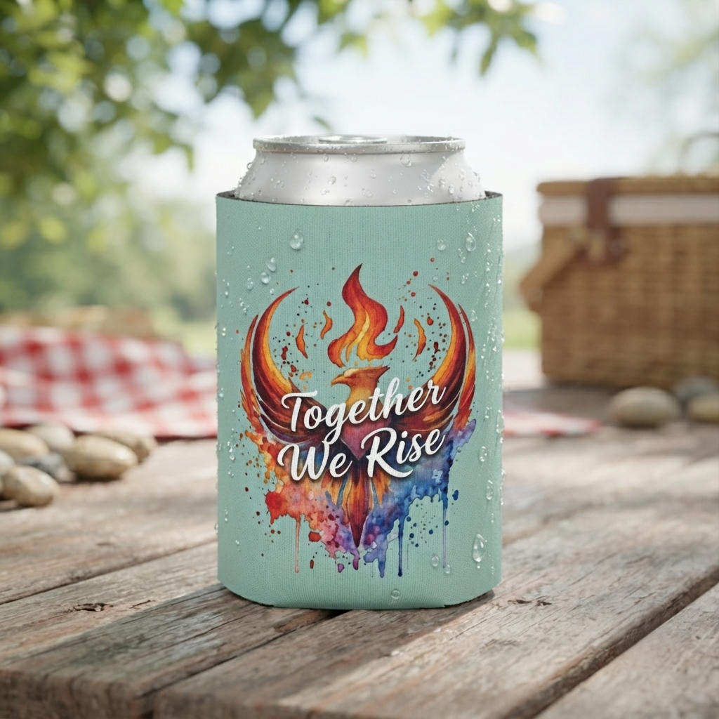 Together We Rise Phoenix Can Cooler | Watercolor Flame Drink Sleeve