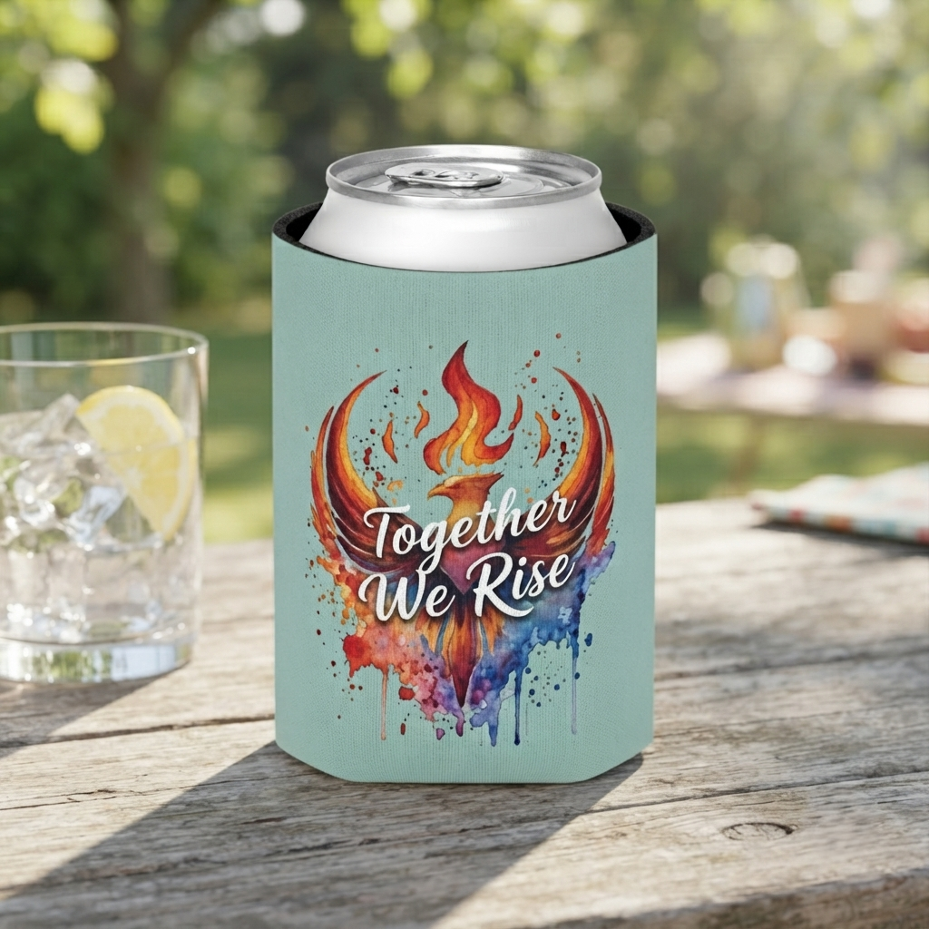 Together We Rise Phoenix Can Cooler | Watercolor Flame Drink Sleeve