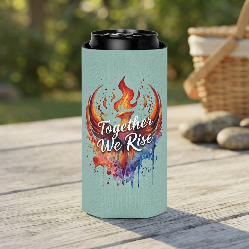 Together We Rise Phoenix Can Cooler | Watercolor Flame Drink Sleeve