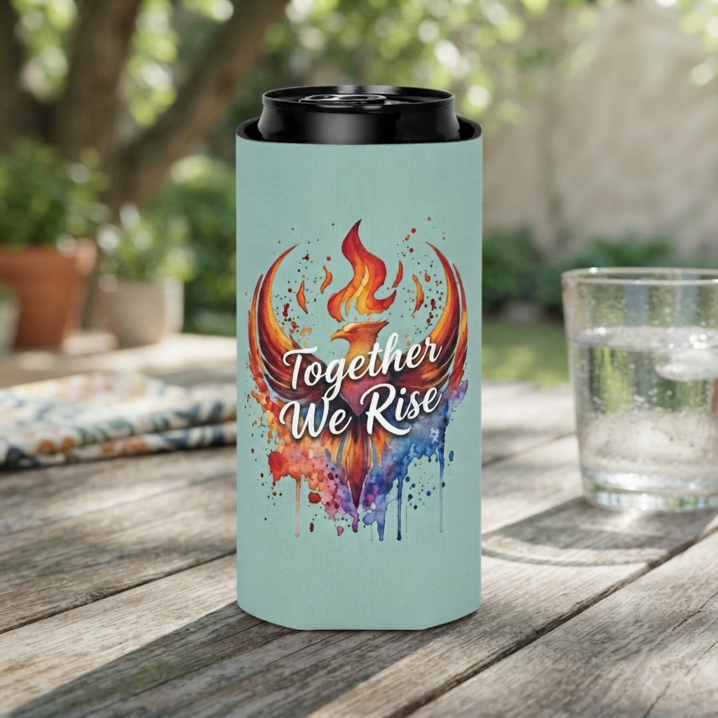 Together We Rise Phoenix Can Cooler | Watercolor Flame Drink Sleeve
