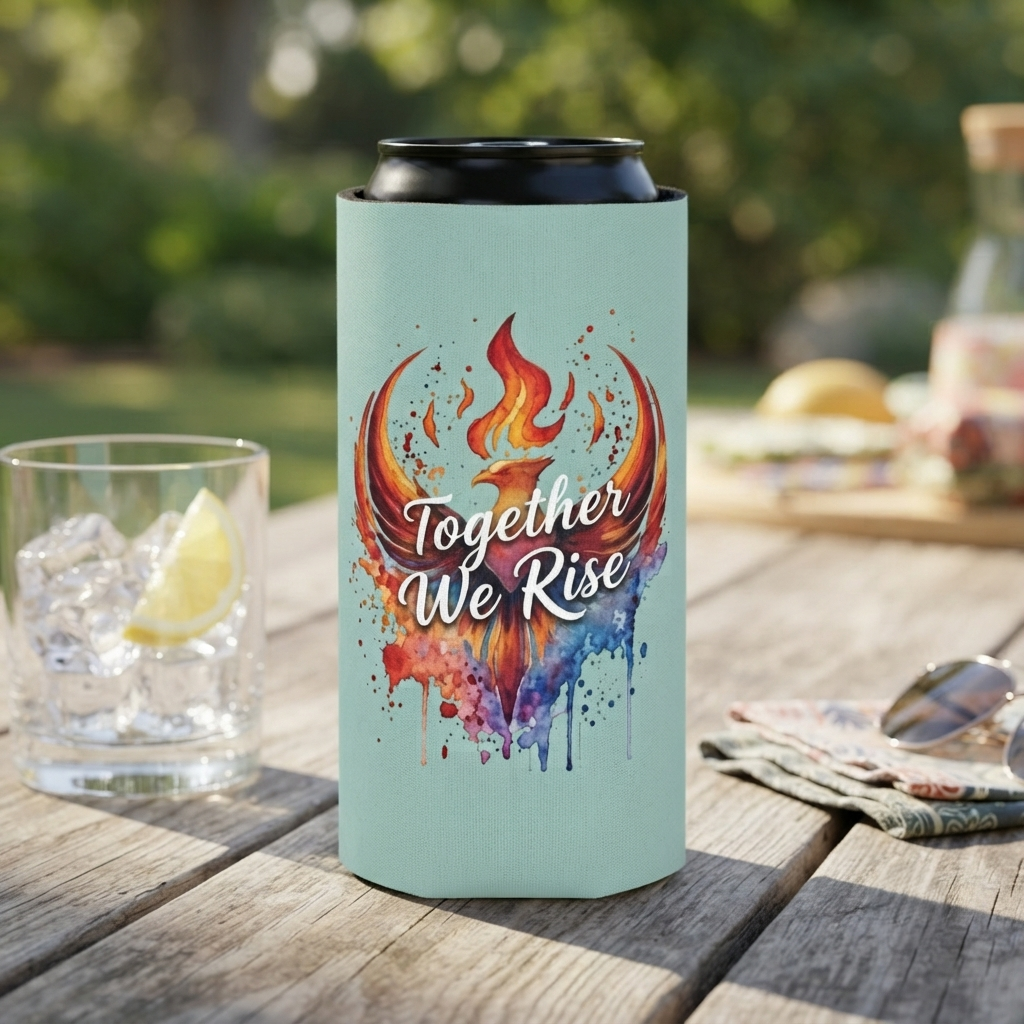 Together We Rise Phoenix Can Cooler | Watercolor Flame Drink Sleeve