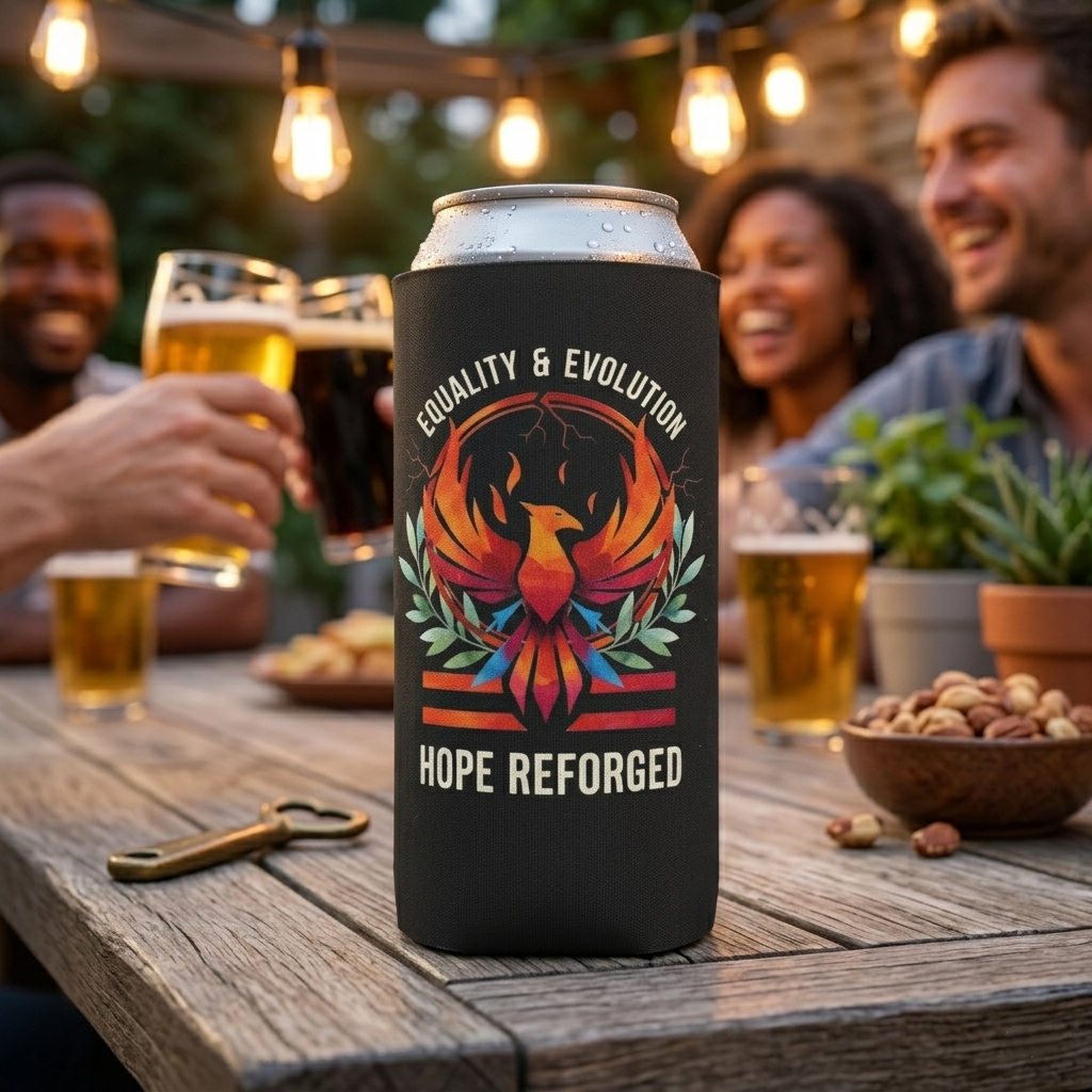 Hope Reforged Can Cooler | Equality & Evolution Drink Holder | Rising Phoenix Design