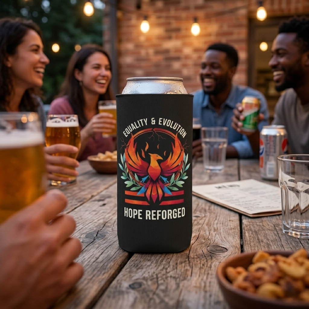 Hope Reforged Can Cooler | Equality & Evolution Drink Holder | Rising Phoenix Design