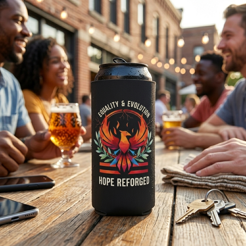 Hope Reforged Can Cooler | Equality & Evolution Drink Holder | Rising Phoenix Design