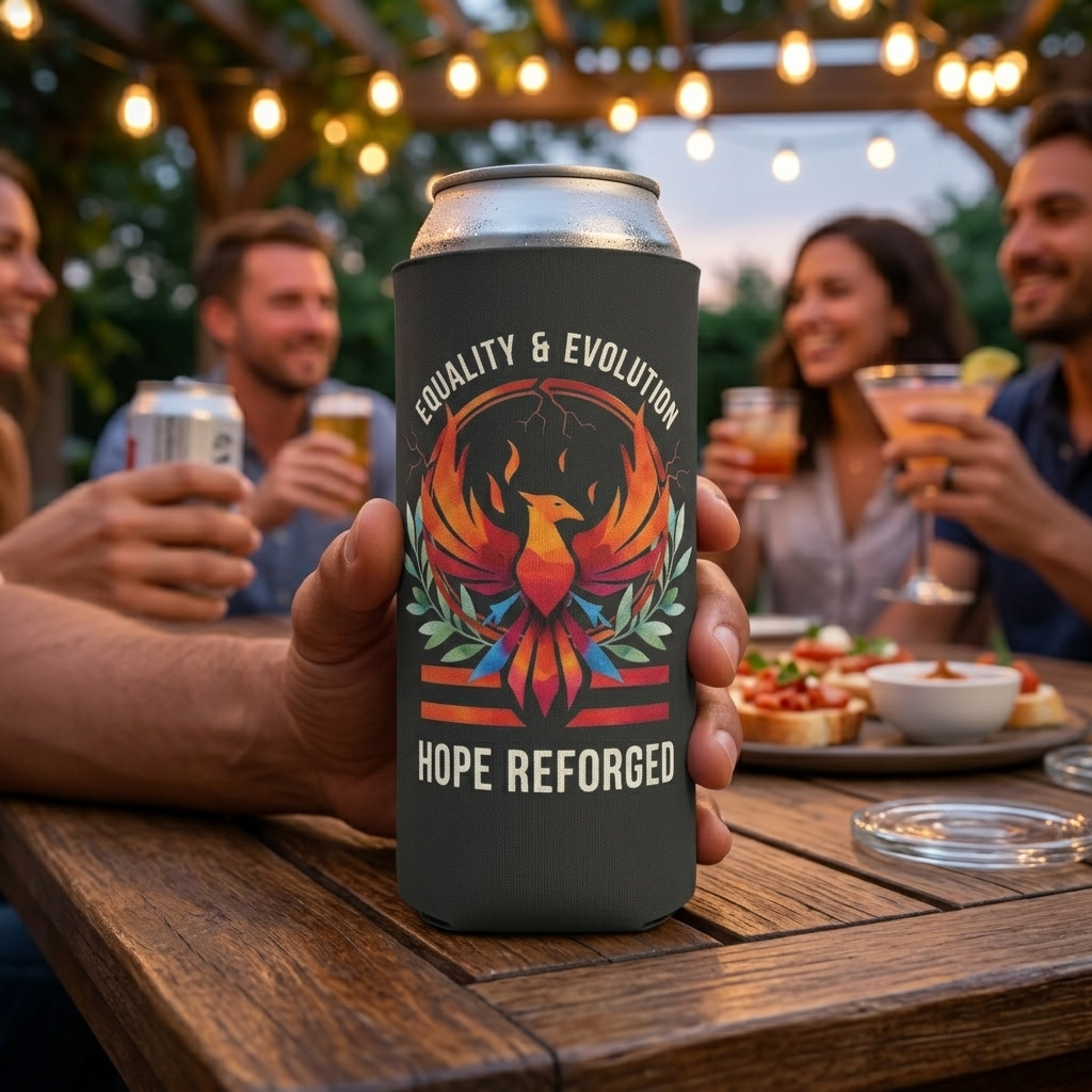 Hope Reforged Can Cooler | Equality & Evolution Drink Holder | Rising Phoenix Design