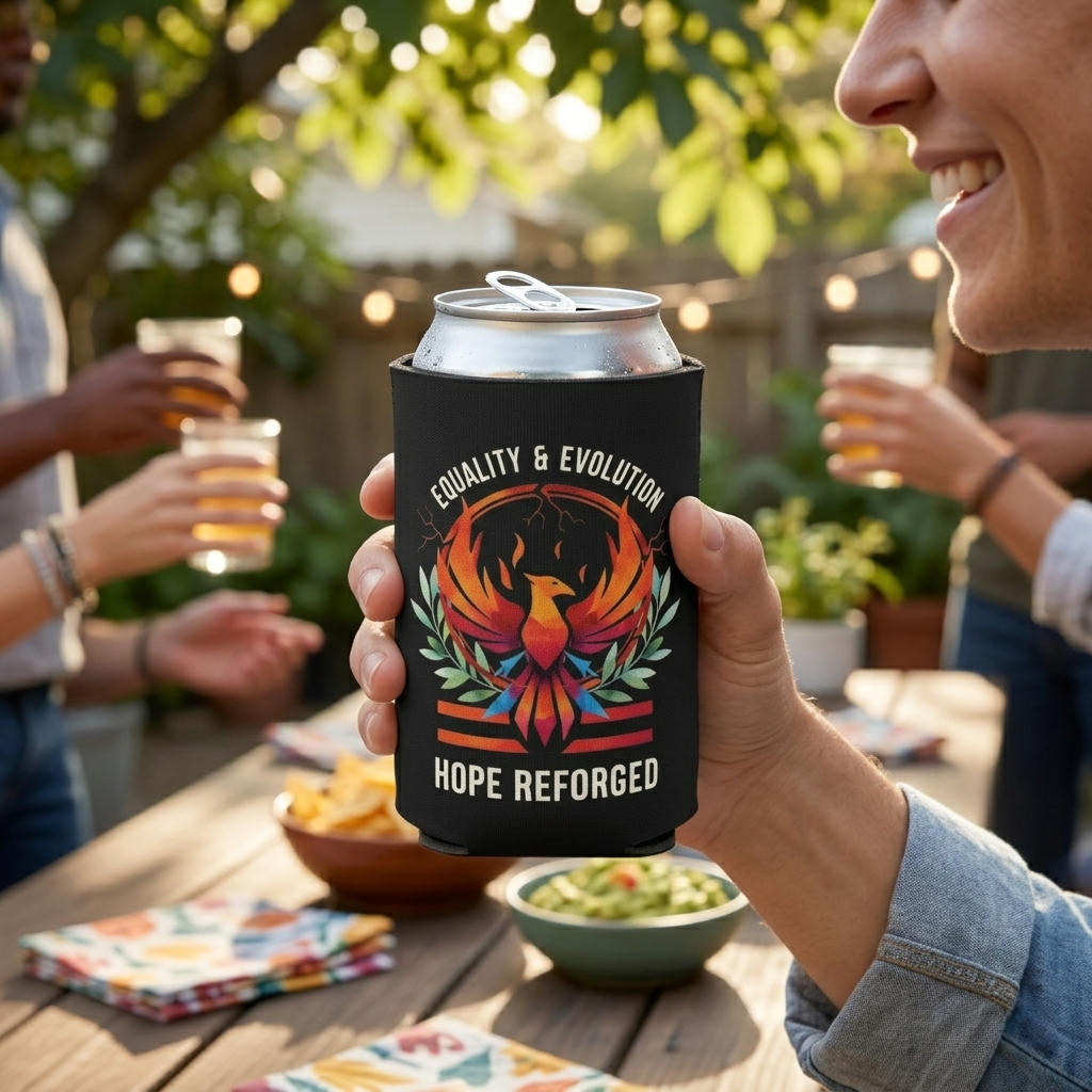 Hope Reforged Can Cooler | Equality & Evolution Drink Holder | Rising Phoenix Design