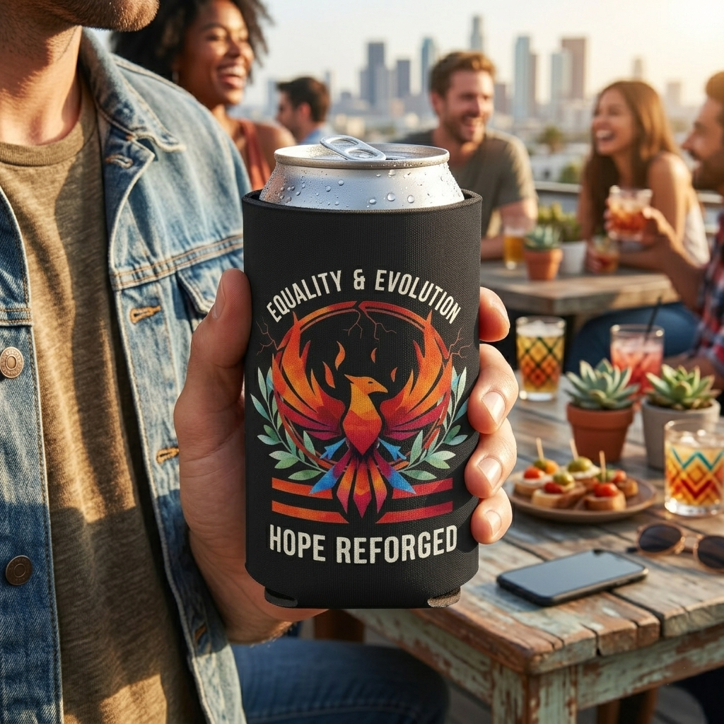 Hope Reforged Can Cooler | Equality & Evolution Drink Holder | Rising Phoenix Design