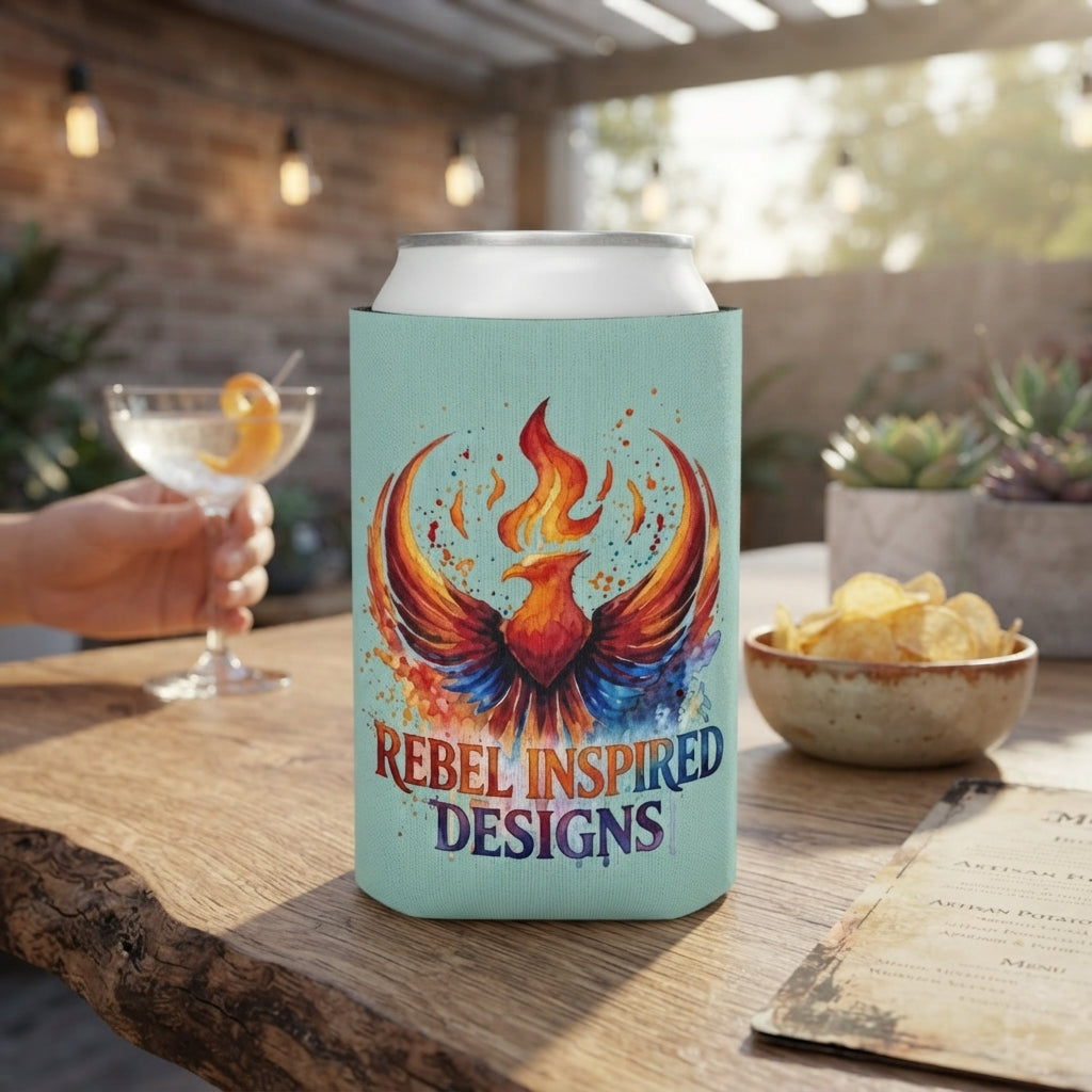 Rebel Inspired Designs Phoenix Can Cooler | Watercolor Flame Drink Sleeve