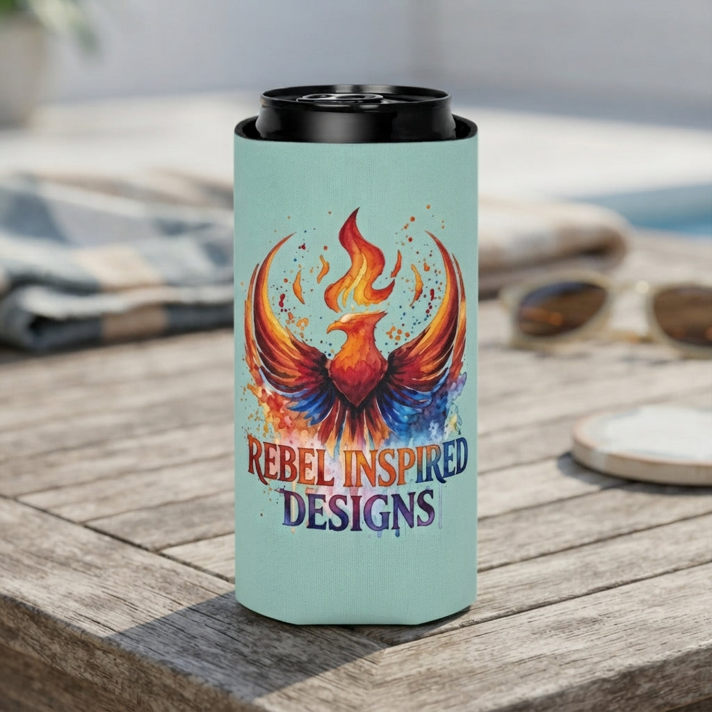 Rebel Inspired Designs Phoenix Can Cooler | Watercolor Flame Drink Sleeve