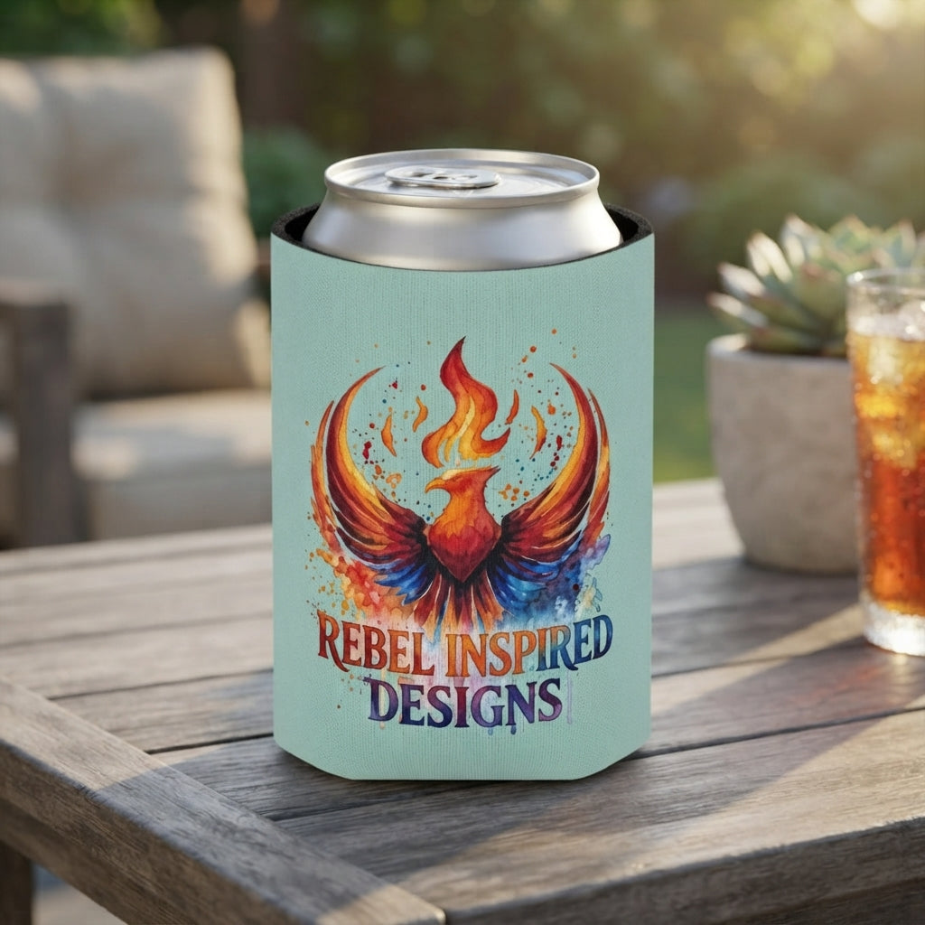 Rebel Inspired Designs Phoenix Can Cooler | Watercolor Flame Drink Sleeve
