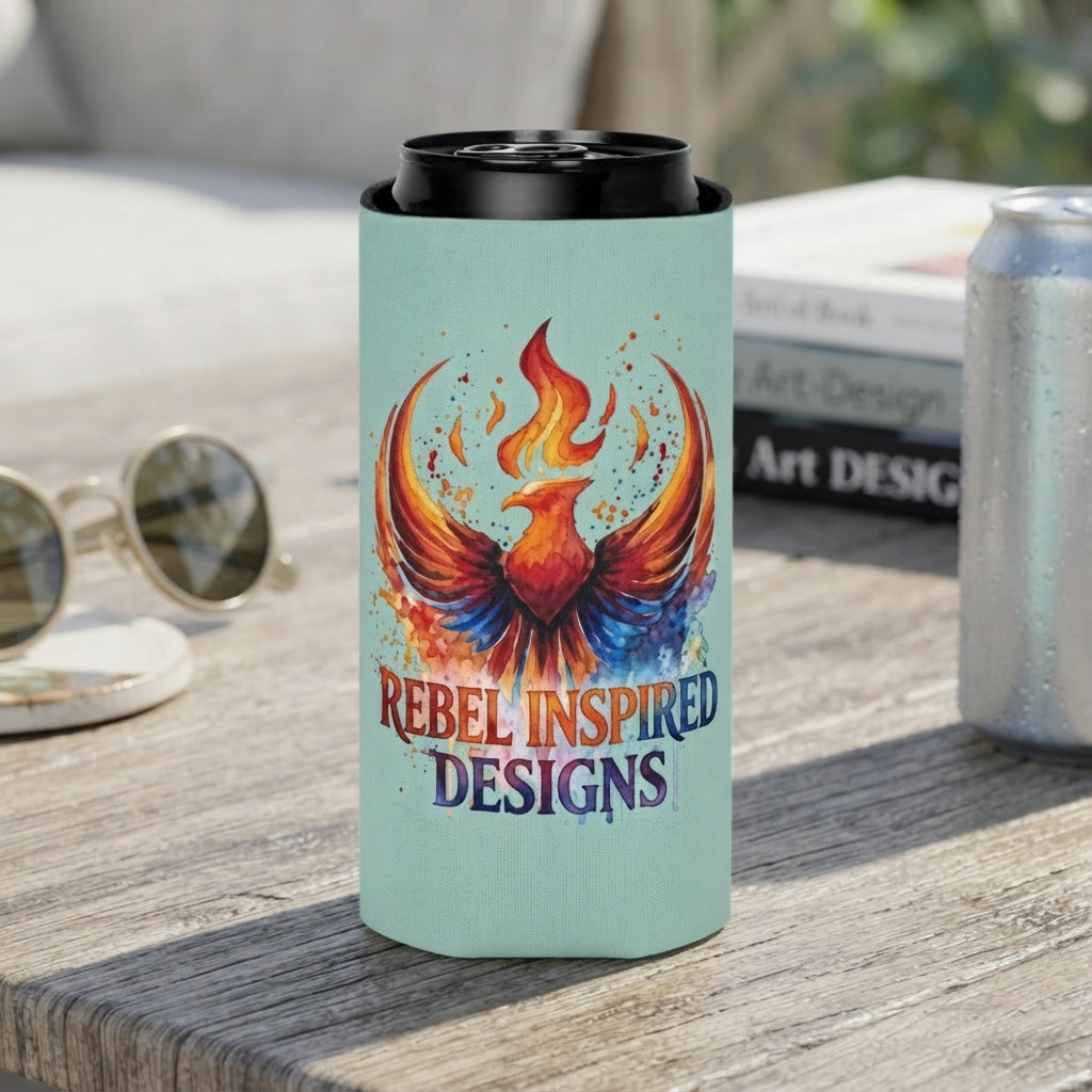 Rebel Inspired Designs Phoenix Can Cooler | Watercolor Flame Drink Sleeve