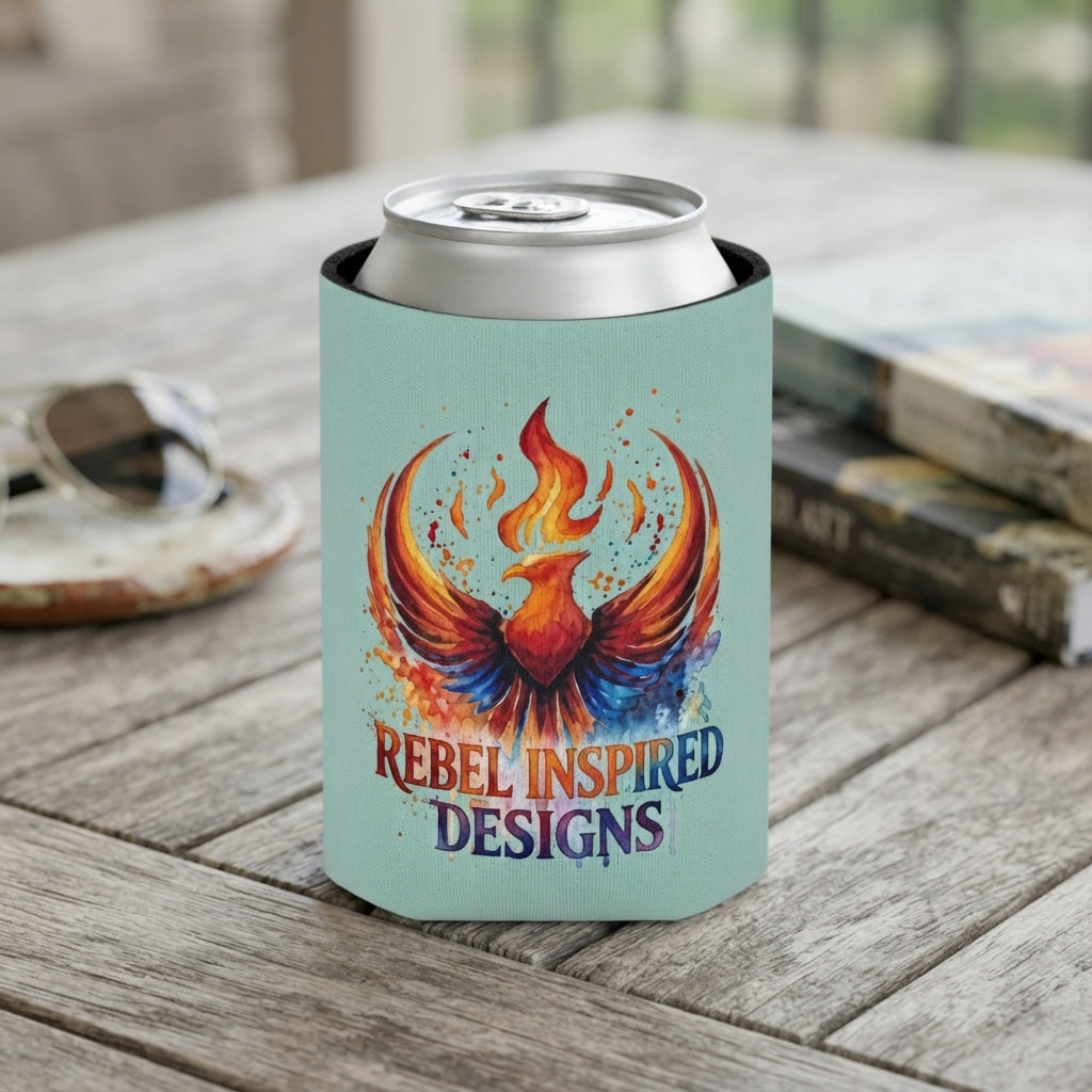 Rebel Inspired Designs Phoenix Can Cooler | Watercolor Flame Drink Sleeve