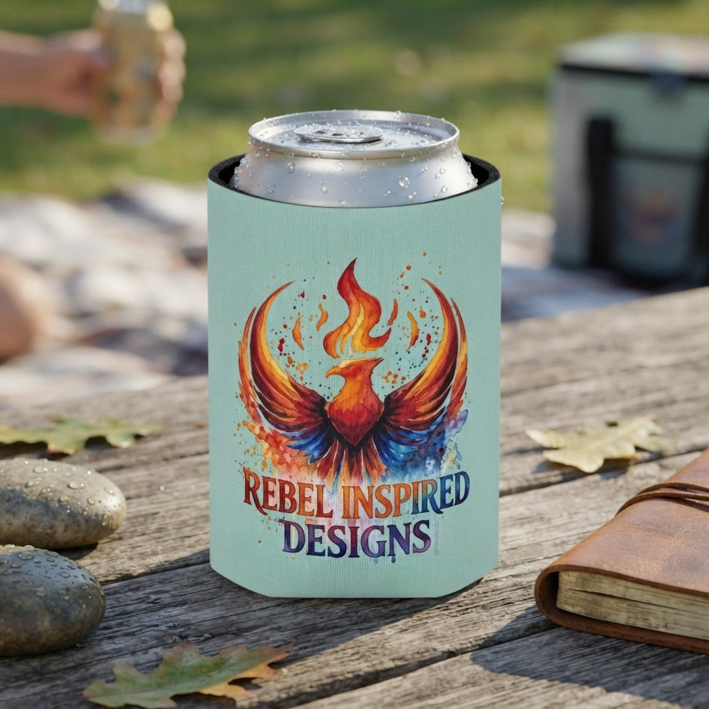 Rebel Inspired Designs Phoenix Can Cooler | Watercolor Flame Drink Sleeve