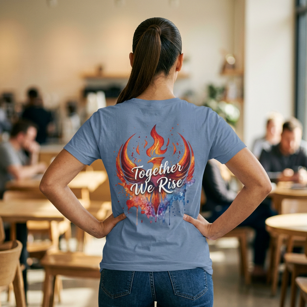 Rebel Inspired Designs Logo T-Shirt | Phoenix Watercolor Chest Print | Together We Rise Graphic Tee