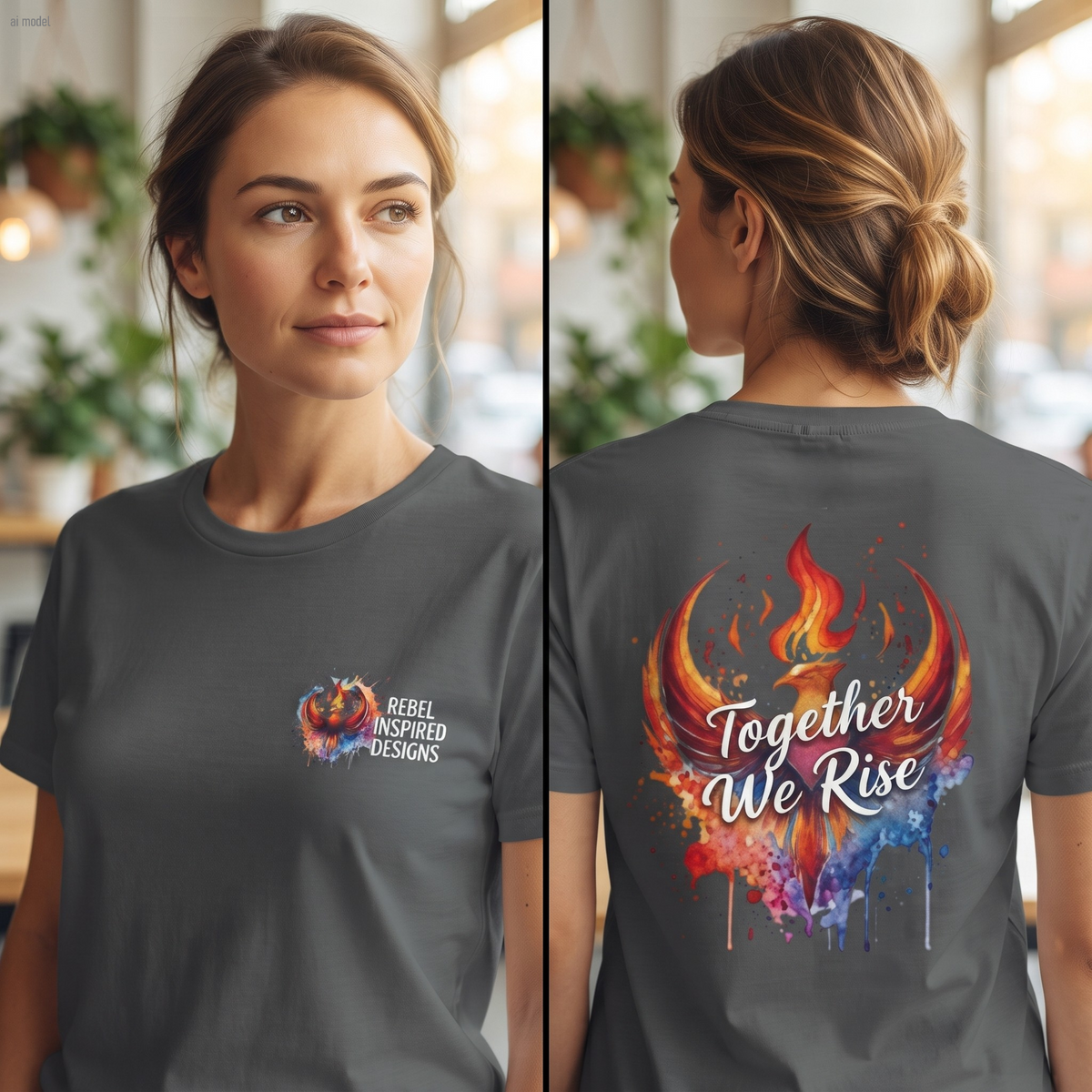 Rebel Inspired Designs Logo T-Shirt | Phoenix Watercolor Chest Print | Together We Rise Graphic Tee