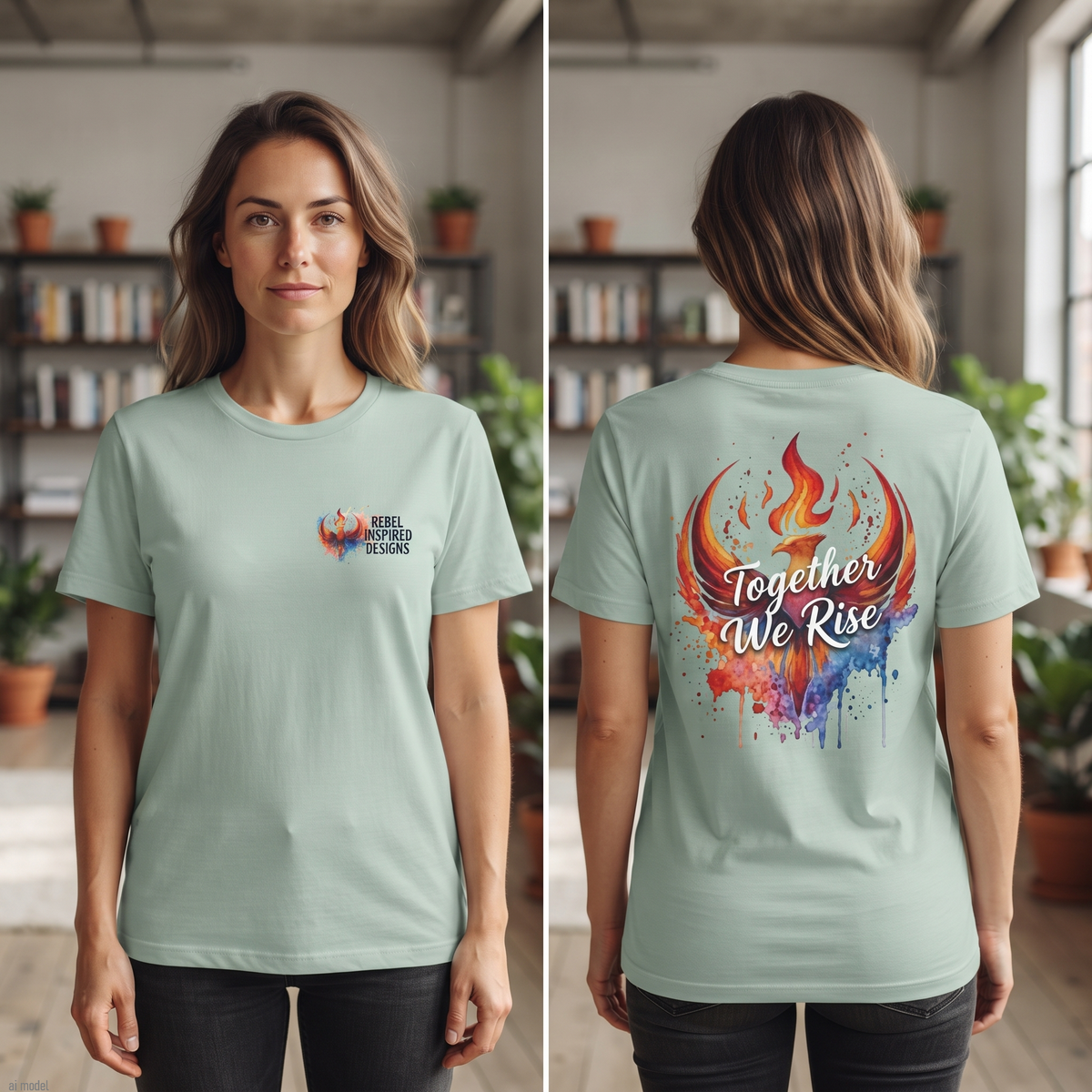 Rebel Inspired Designs Logo T-Shirt | Phoenix Watercolor Chest Print | Together We Rise Graphic Tee