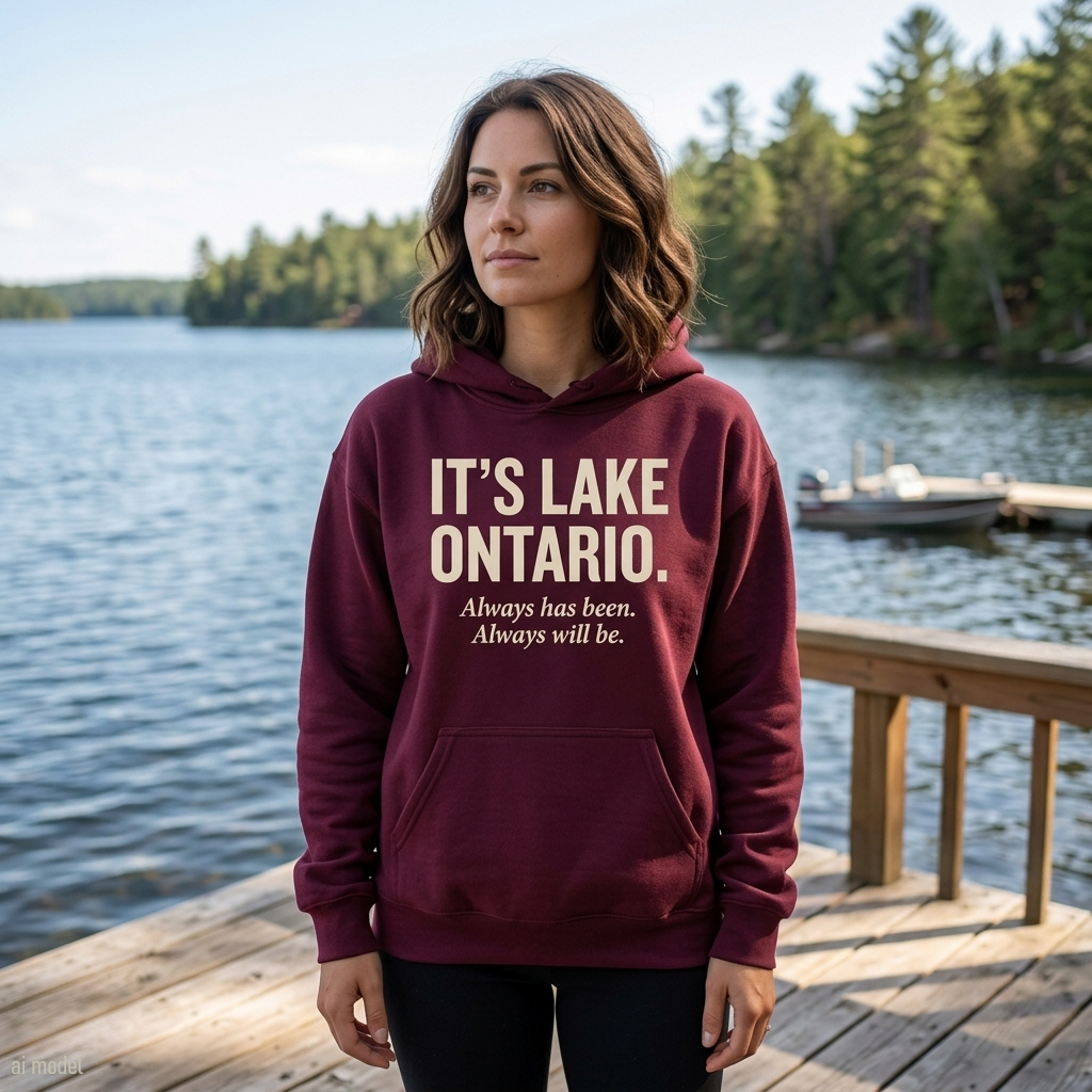 Maroon hoodie sweatshirt reading 'IT’S LAKE ONTARIO. Always has been. Always will be.' A social justice and political activism statement.
