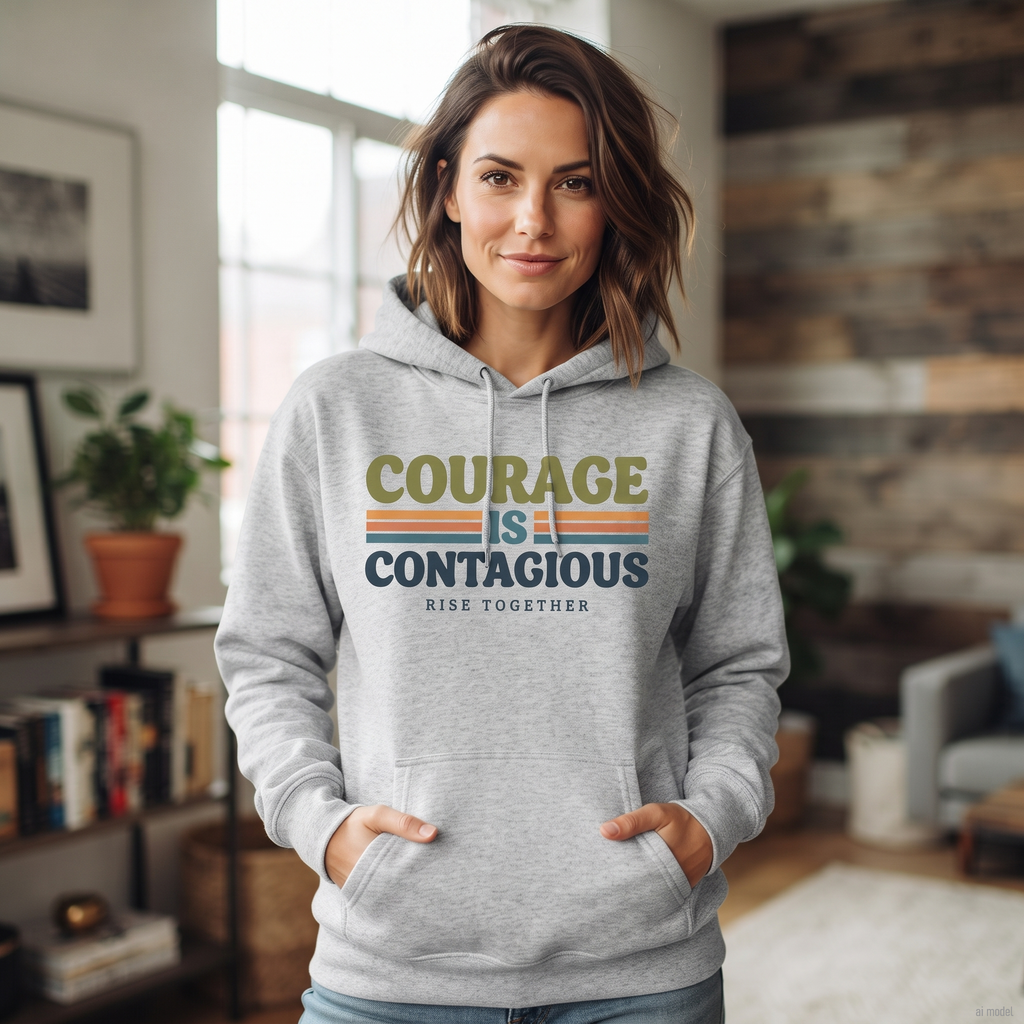 A woman wearing a light gray hoodie with a retro-style graphic that reads 'COURAGE IS CONTAGIOUS' and 'RISE TOGETHER' in olive green, navy blue, and orange. She is standing in a cozy, softly lit living room with wooden walls and shelves in the background.
