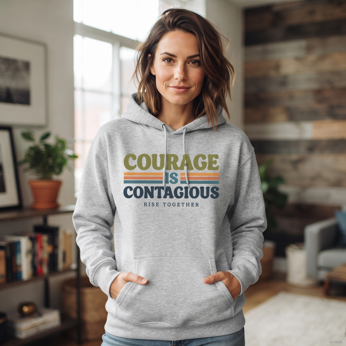 A woman wearing a light gray hoodie with a retro-style graphic that reads 'COURAGE IS CONTAGIOUS' and 'RISE TOGETHER' in olive green, navy blue, and orange. She is standing in a cozy, softly lit living room with wooden walls and shelves in the background.