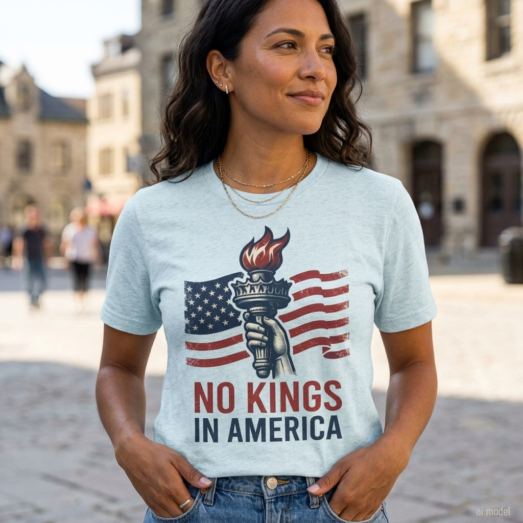 A woman wearing a light blue graphic t-shirt with a torch, American flag, and the text 'NO KINGS IN AMERICA' printed on the front, standing in an outdoor city setting.