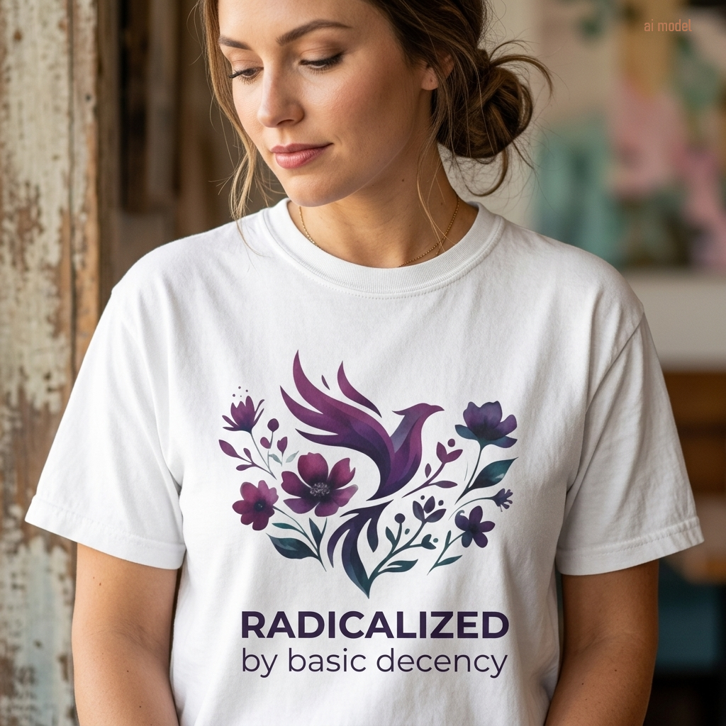 Radicalized by Basic Decency T-shirt | Floral Phoenix Graphic Tee | Activist Gift