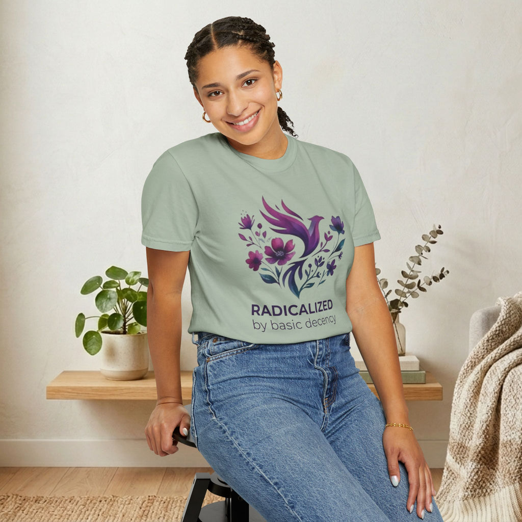 Radicalized by Basic Decency T-shirt | Floral Phoenix Graphic Tee | Activist Gift