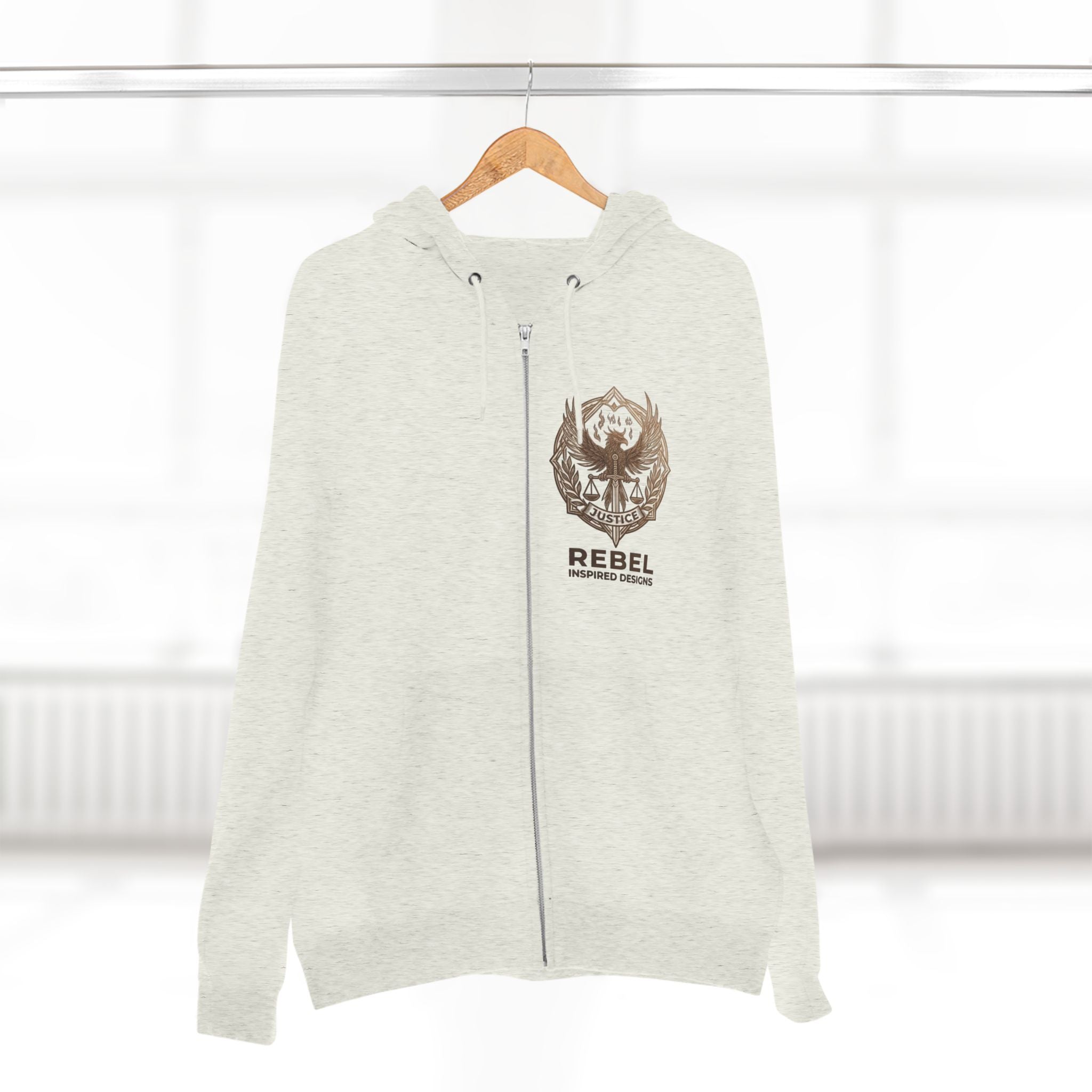 Rebel Inspired Bronze Phoenix Zip Hoodie — Vintage Book & Justice Graphic Zip-Up Sweatshirt