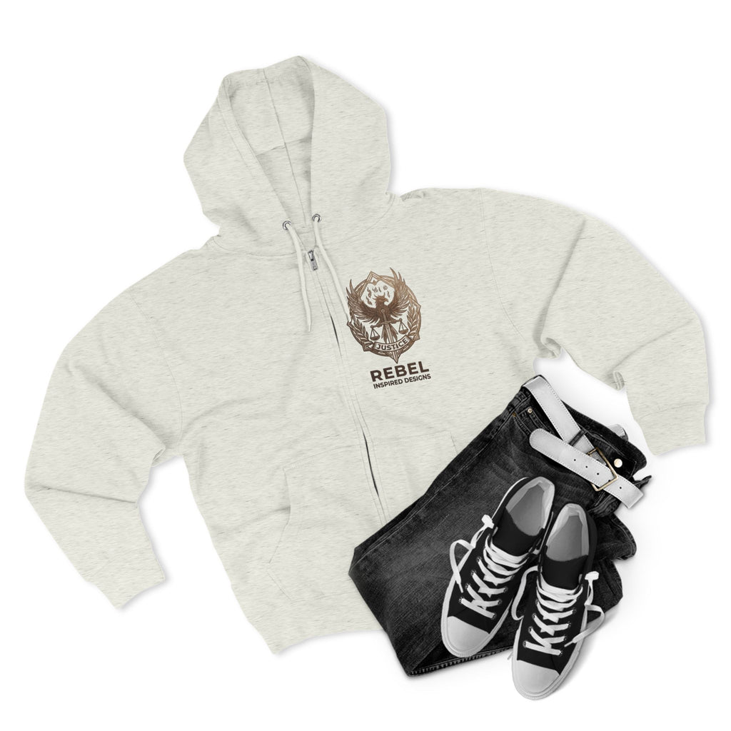 Rebel Inspired Bronze Phoenix Zip Hoodie — Vintage Book & Justice Graphic Zip-Up Sweatshirt