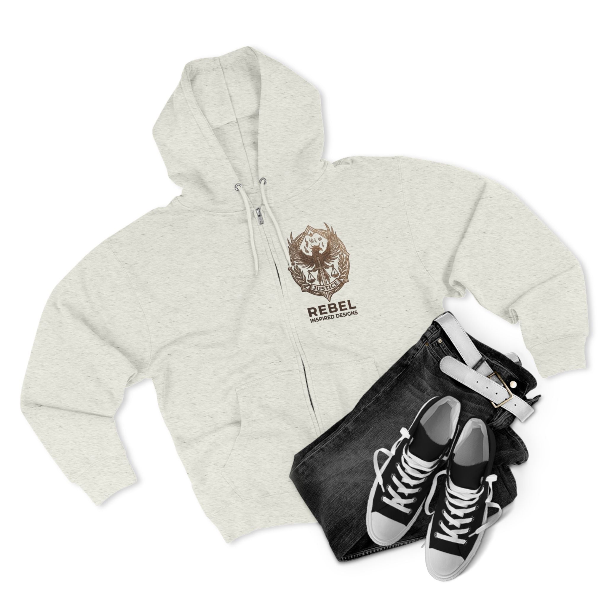 Rebel Inspired Bronze Phoenix Zip Hoodie — Vintage Book & Justice Graphic Zip-Up Sweatshirt