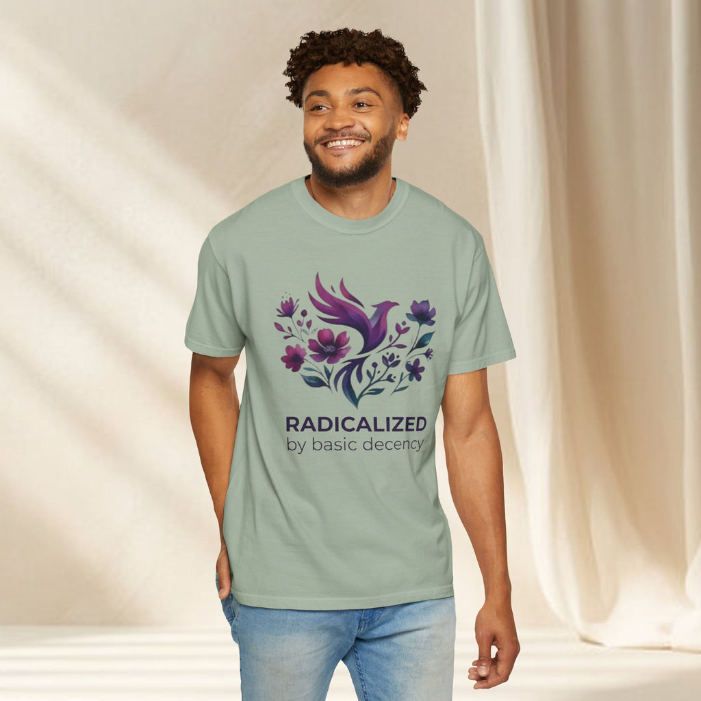 Radicalized by Basic Decency T-shirt | Floral Phoenix Graphic Tee | Activist Gift