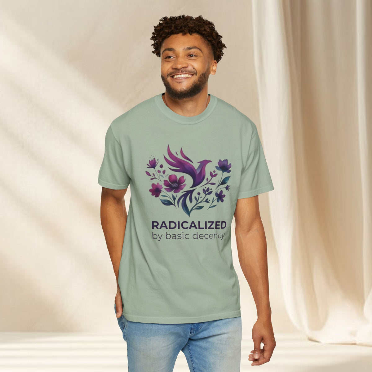 Radicalized by Basic Decency T-shirt | Floral Phoenix Graphic Tee | Activist Gift