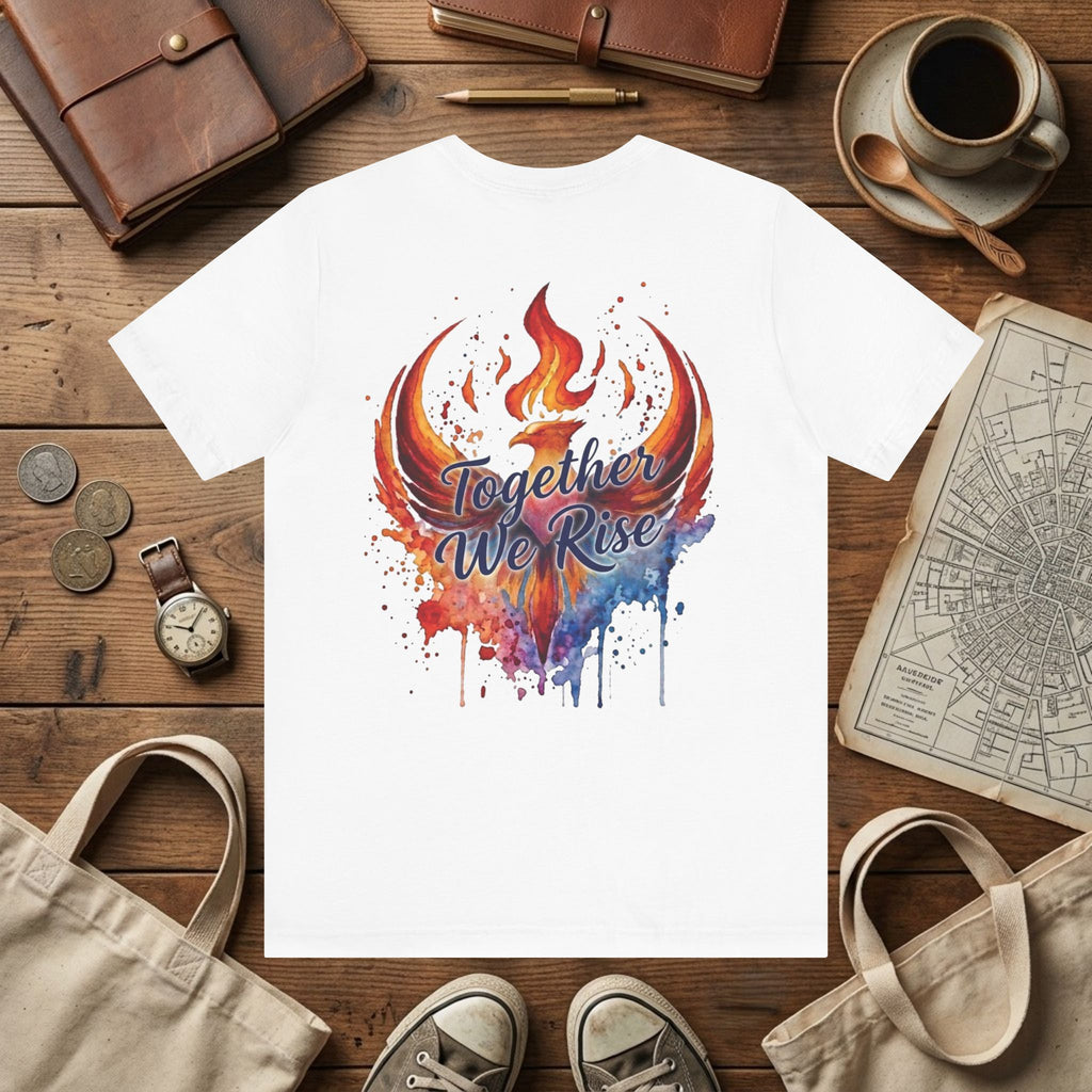 Rebel Inspired Designs Logo T-Shirt | Phoenix Watercolor Chest Print | Together We Rise Graphic Tee
