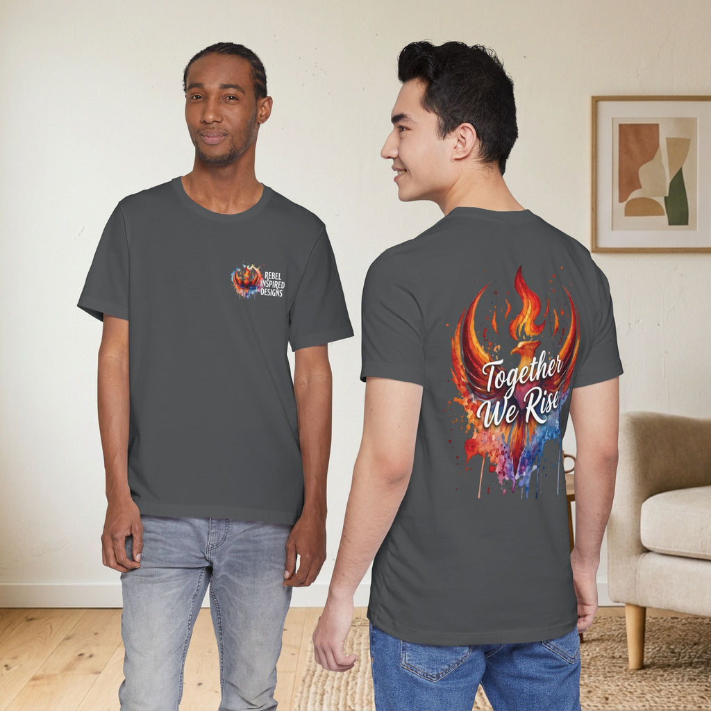 Rebel Inspired Designs Logo T-Shirt | Phoenix Watercolor Chest Print | Together We Rise Graphic Tee