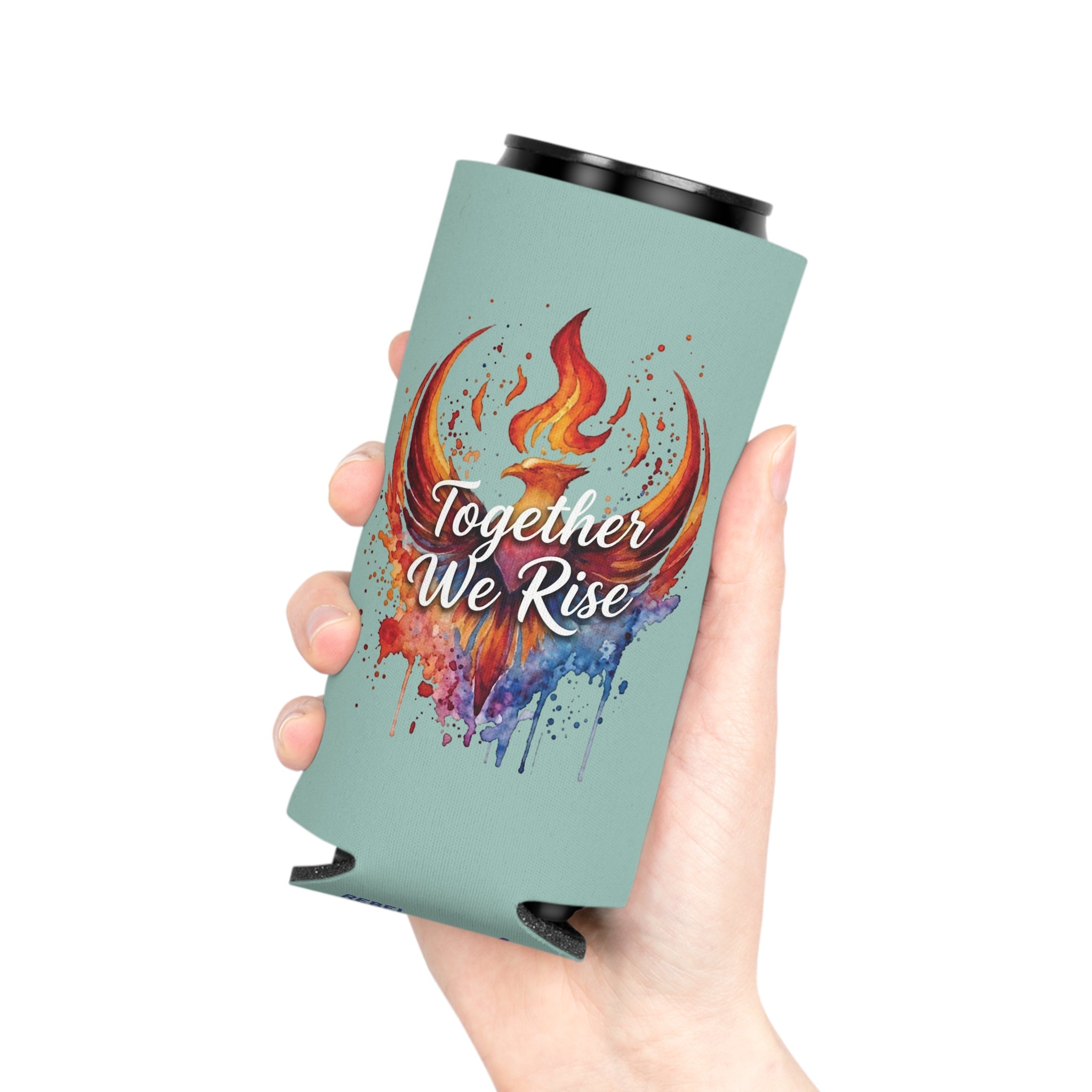 Together We Rise Phoenix Can Cooler | Watercolor Flame Drink Sleeve