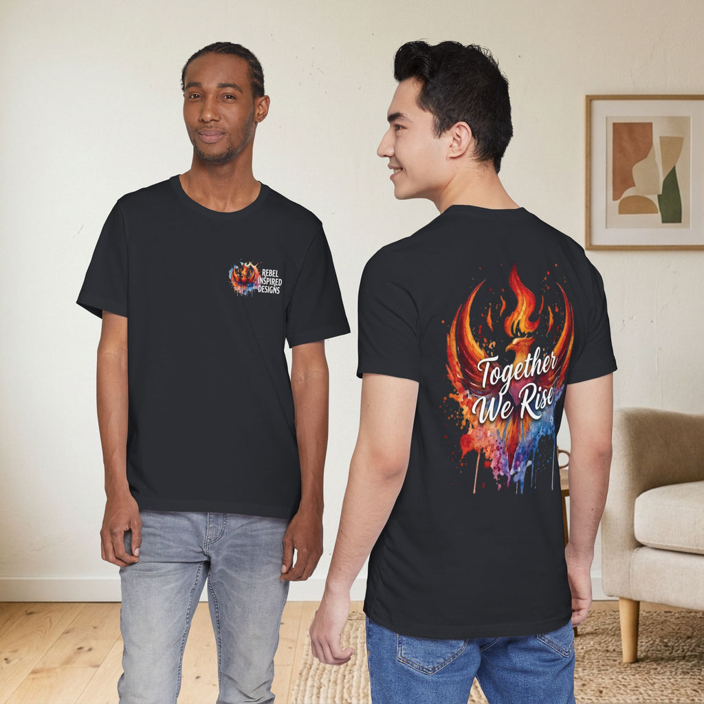 Rebel Inspired Designs Logo T-Shirt | Phoenix Watercolor Chest Print | Together We Rise Graphic Tee