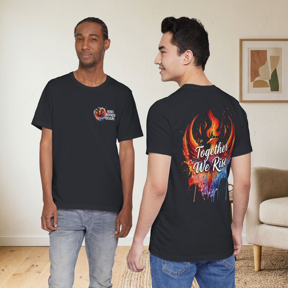Rebel Inspired Designs Logo T-Shirt | Phoenix Watercolor Chest Print | Together We Rise Graphic Tee